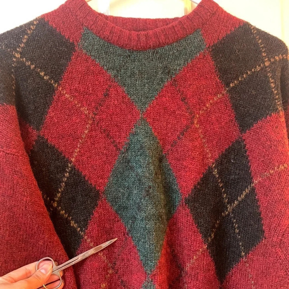 Vintage Nordic Knitted Wool argyle Crewneck Sweater Medium FLAW coastal grandma - Picture 4 of 9